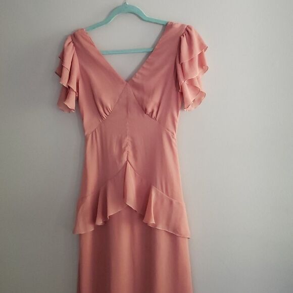 Warehouse tiered maxi dress with ruffles in pink size 8 - Picture 8 of 15